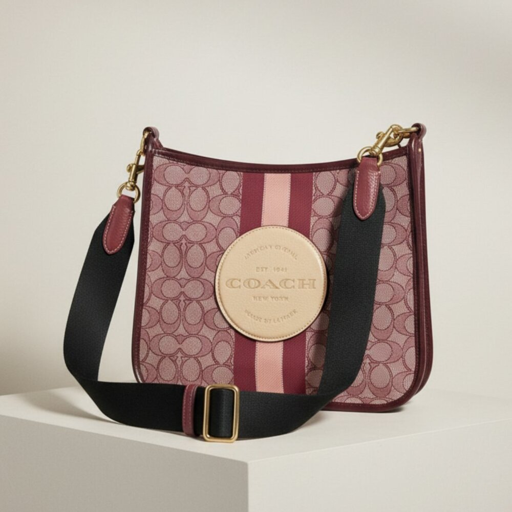 Coach Dempsey File Wine Canvas Gold Jacquard Handbag Patch Crossbody Bag